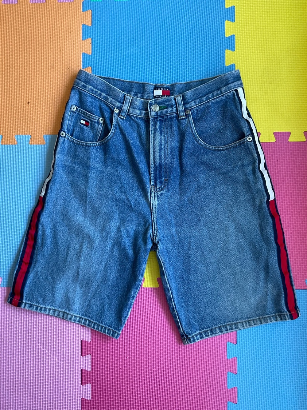 🇺🇸Tommy Hilfiger Denim Jorts with Red, White & Navy Side Stripe 90s Vintage Y2K